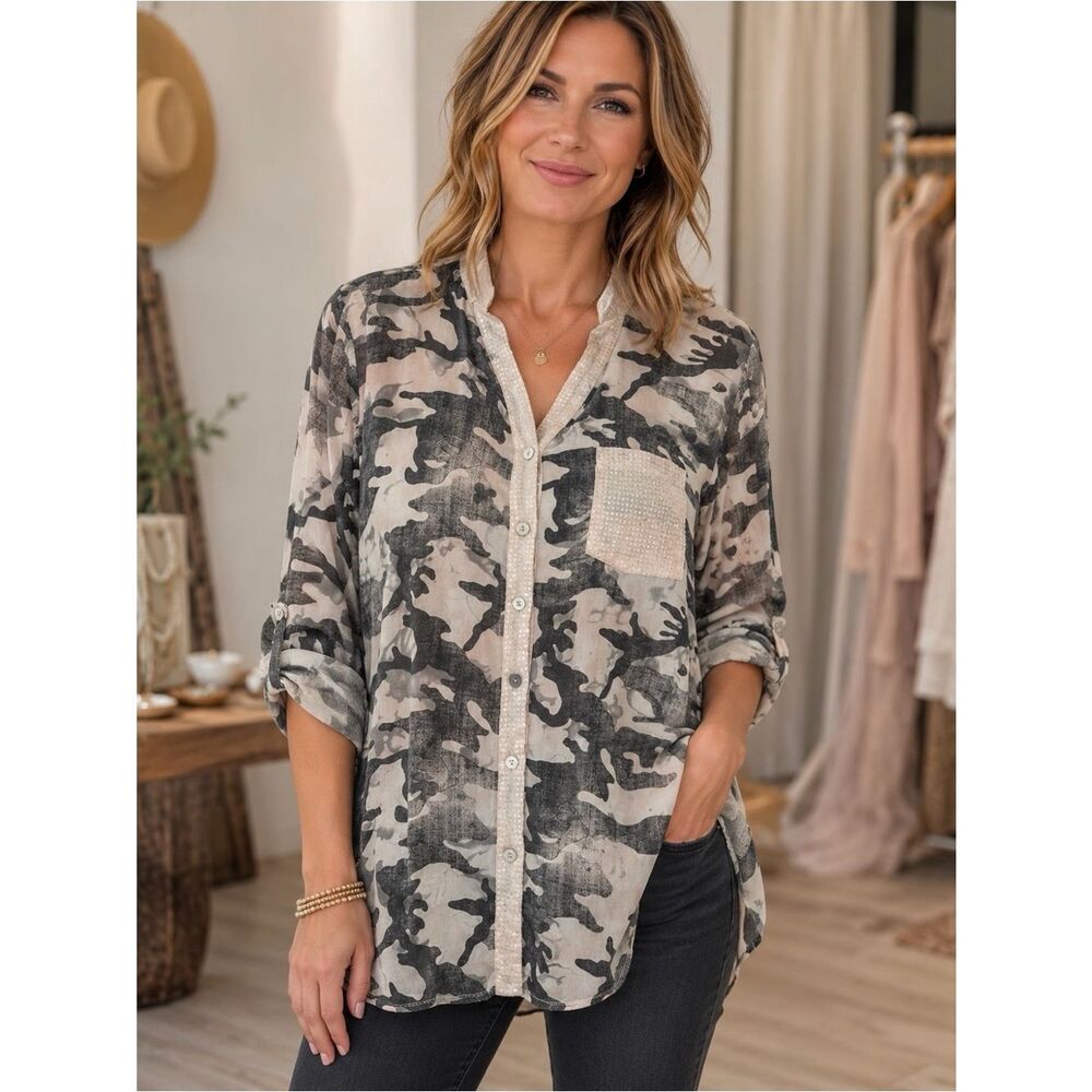 Tempo Paris Camo Print Sequined Long Sleeve Button Down Shirt Size S